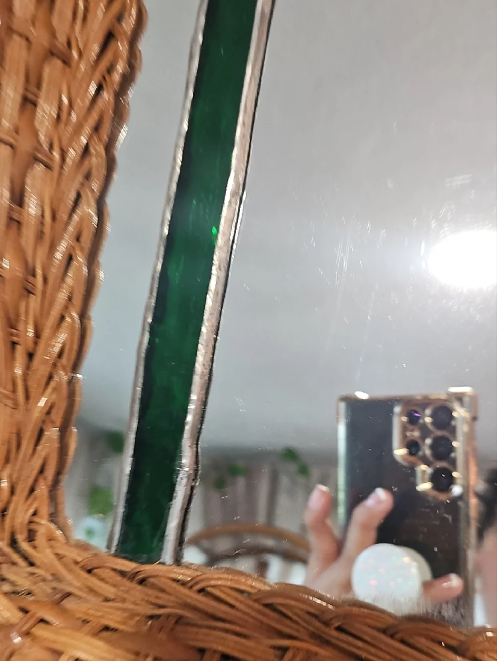 Woven Rattan Framed Mirror with Green Stained Glass Accent16